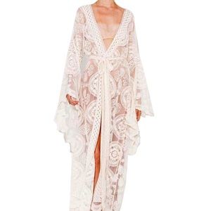 White lace long boho kimono swimwear cover-up
